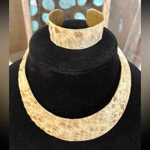 Vintage Brass with Snakeskin collar necklace, Earrings, & Bracelet Set
